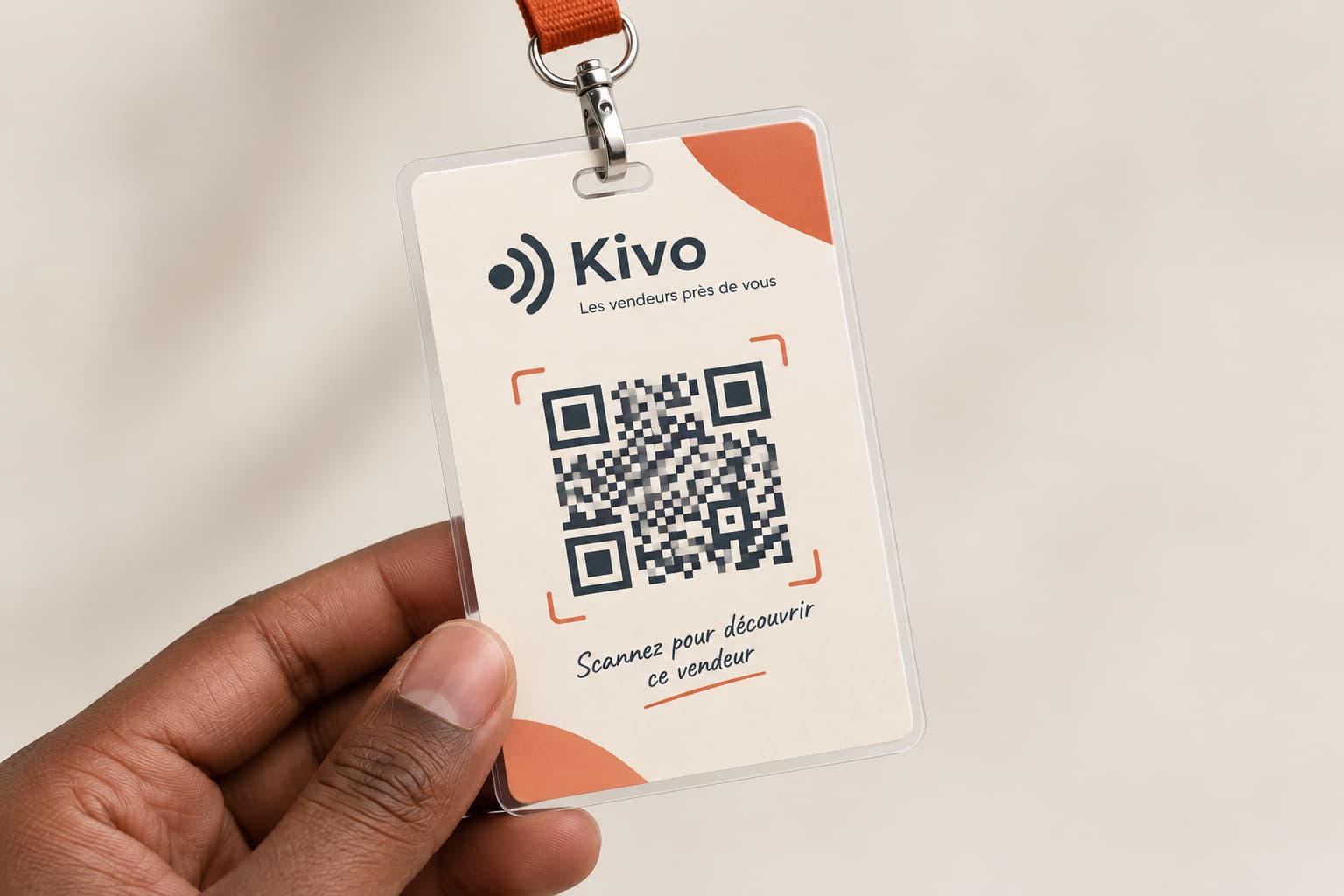 Le badge QR Kivo sur son cordon, tenu dans une main